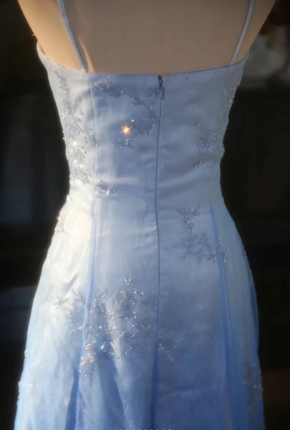 Vintage Gradient Light Blue A-line Spaghetti Strap Beaded Tulle Long Prom Dress Evening Dress P4300