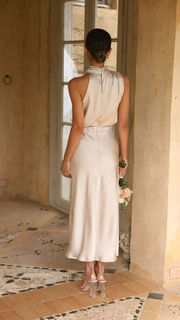 Satin Halter Neck Sleeveless Zip Back Bodycon Midi Dress