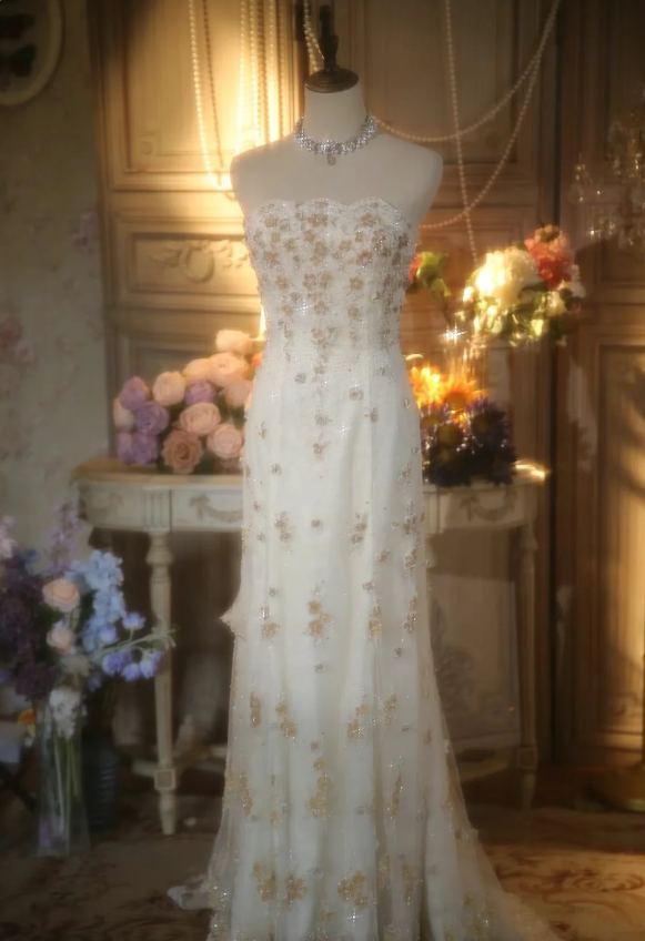 Elegant Ivory Strapless Beaded Floral Tulle Train Long Prom Dress Evening Dress P4301