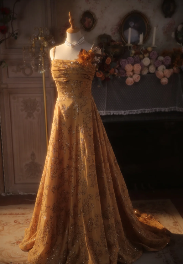 Vintage Orange A-line Spaghetti Strap Sequined Floral Train Prom Dress Evening Dress P4302