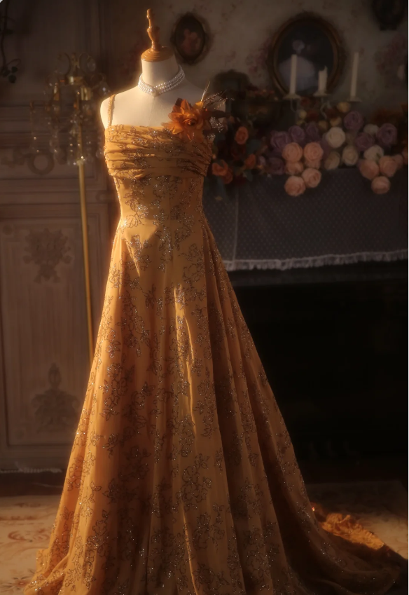 Vintage Orange A-line Spaghetti Strap Sequined Floral Train Prom Dress Evening Dress P4302