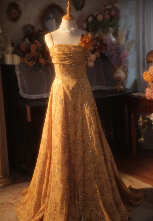 Vintage Orange A-line Spaghetti Strap Sequined Floral Train Prom Dress Evening Dress P4302