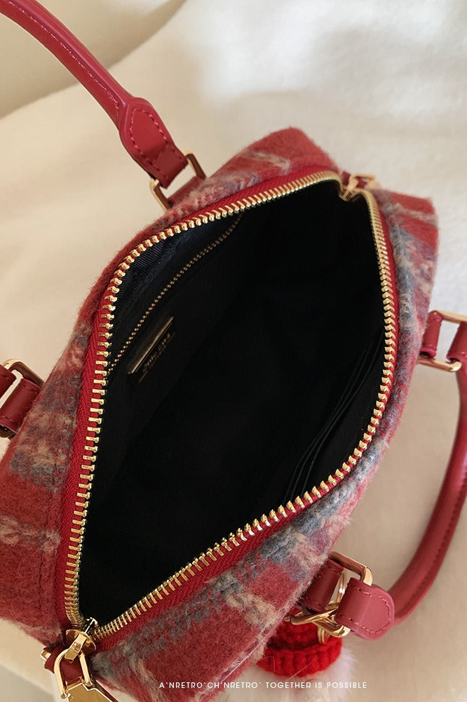 Red Tweed Pillow Handheld Shoulder Crossbody Bag