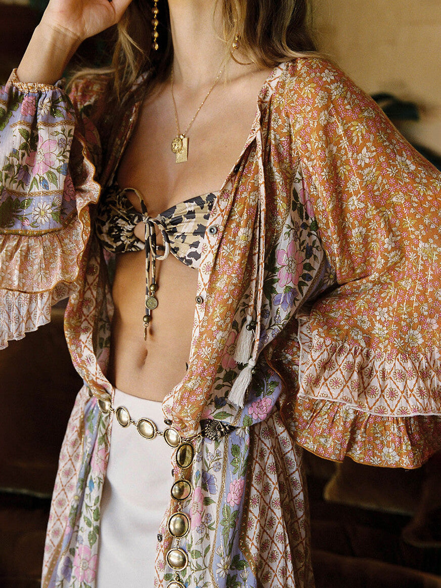 Unique Bohemian Print Long Sleeve Robe Midi Dress - Fashionpara