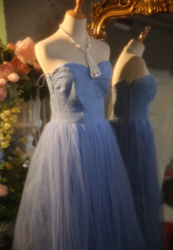 Elegant Light Blue A-line Sweetheart Neckline Lace Tulle Long Prom Dress Evening Dress P4303