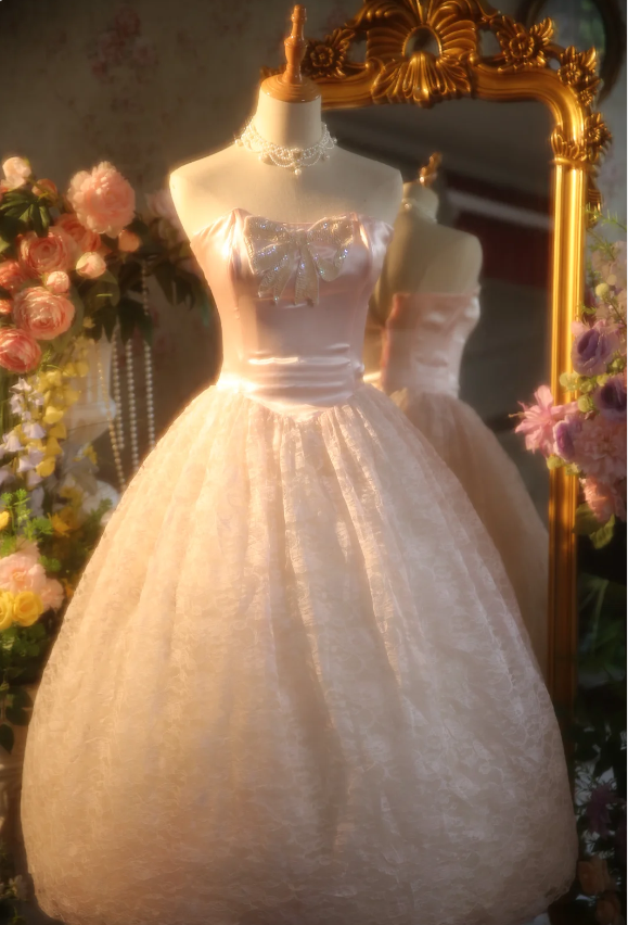 Princess Light Pink Strapless Lace Ball Gown Evening Dress Sweet 16 Dress P4304