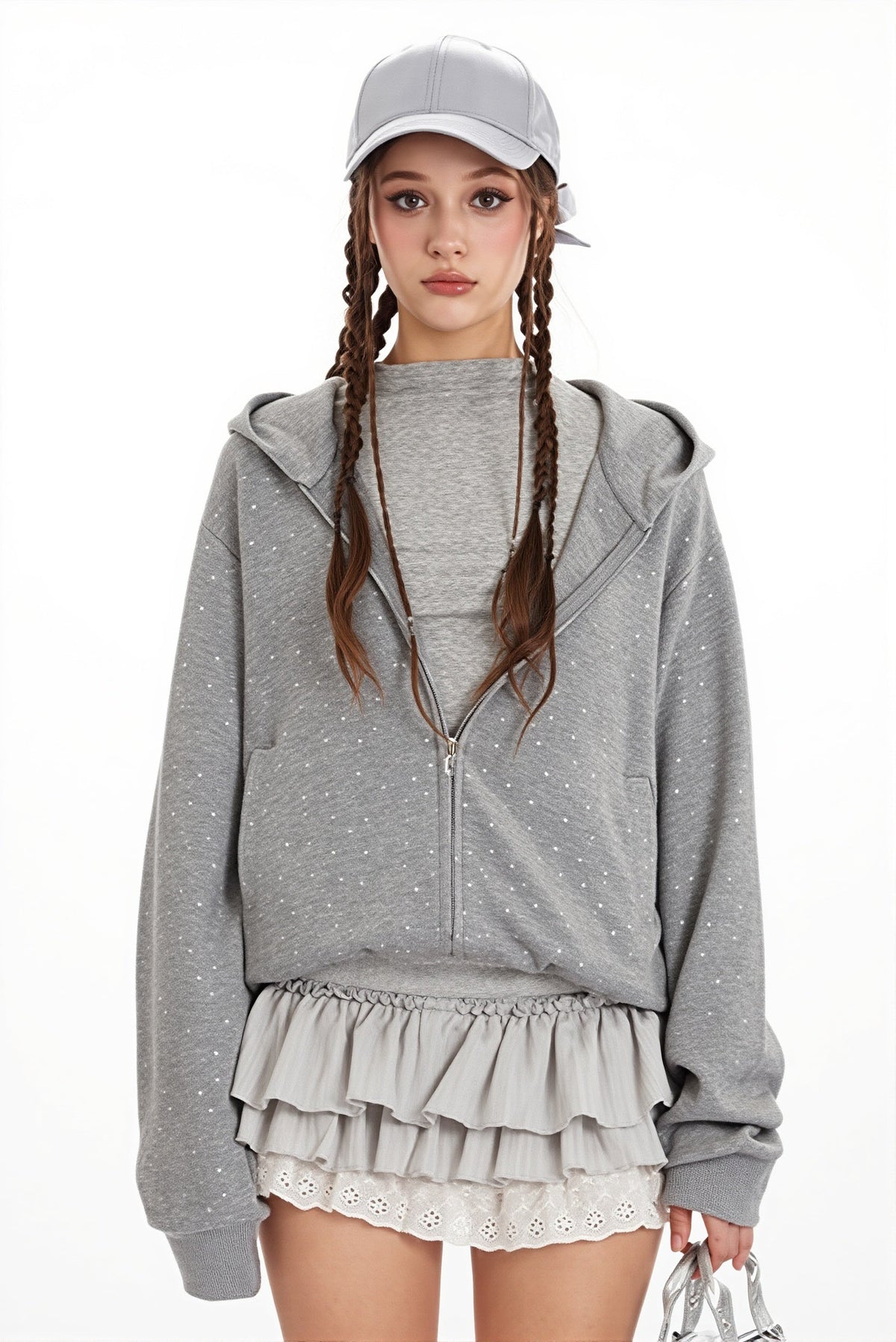 Star Print Ear Decor Cropped Hoodie