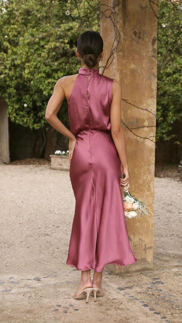 Satin Halter Neck Sleeveless Zip Back Bodycon Midi Dress - View 3