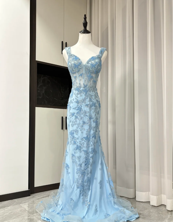 Elegant Blue Mermaid Butterfly Embroidered Long Prom Dress Evening Dress P4306