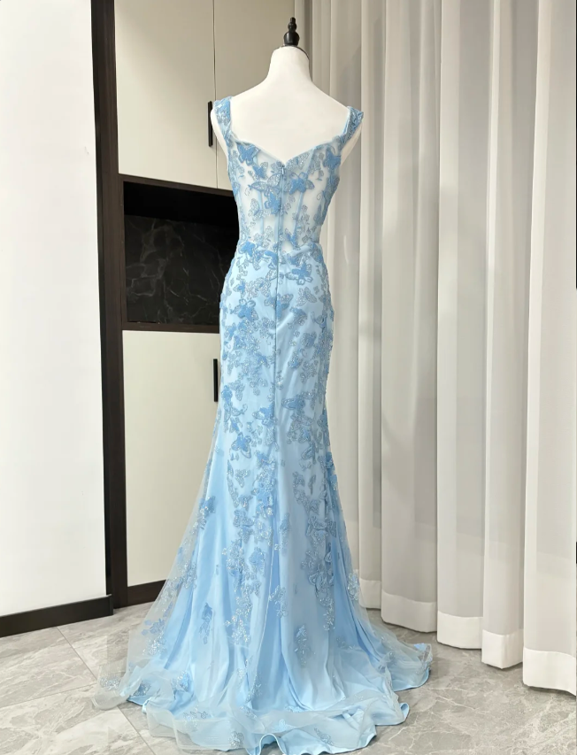 Elegant Blue Mermaid Butterfly Embroidered Long Prom Dress Evening Dress P4306