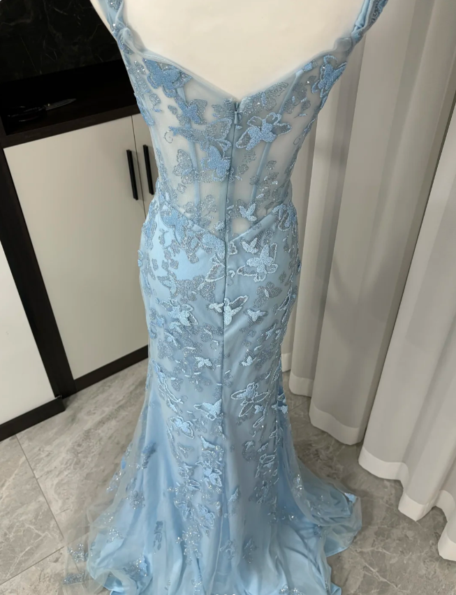 Elegant Blue Mermaid Butterfly Embroidered Long Prom Dress Evening Dress P4306