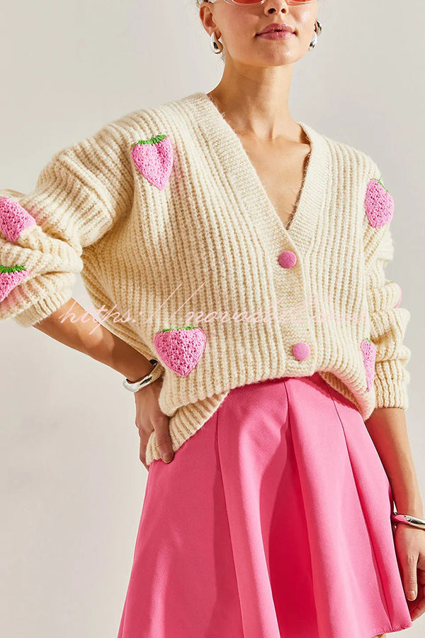 V-neck Strawberry Embellished Knitted Cardigan for Style