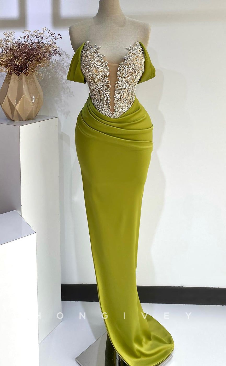 L2777 - Off-Shoulder Beaded Pleats With Side Slit Party Prom Evening Dress - Fashionpara