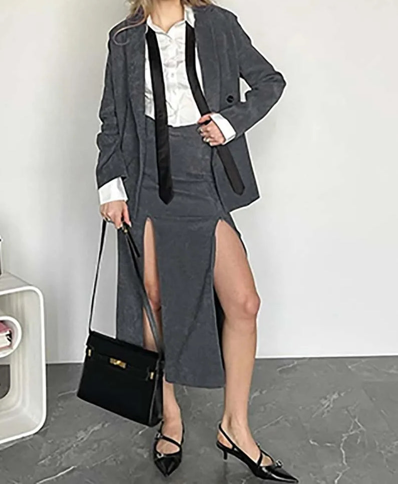 Grey Double Breasted Side Slit Office Two Piece Set