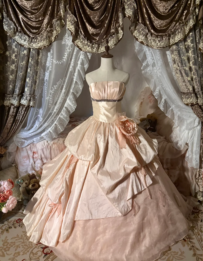 Princess Nude Pink Strapless 3D Floral Satin Train Ball Gown Evening Dress Sweet 16 Dress P4307