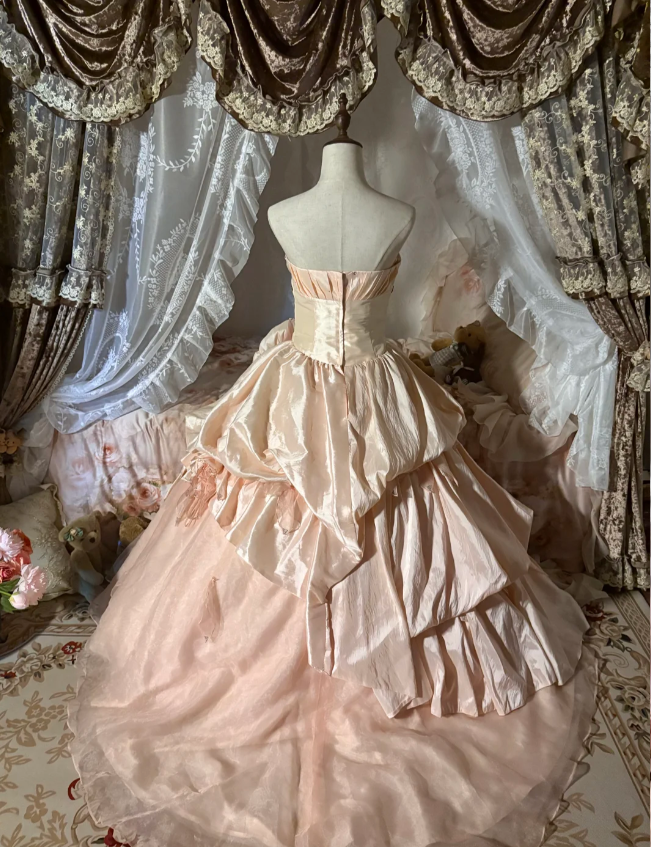 Princess Nude Pink Strapless 3D Floral Satin Train Ball Gown Evening Dress Sweet 16 Dress P4307