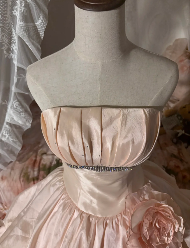 Princess Nude Pink Strapless 3D Floral Satin Train Ball Gown Evening Dress Sweet 16 Dress P4307