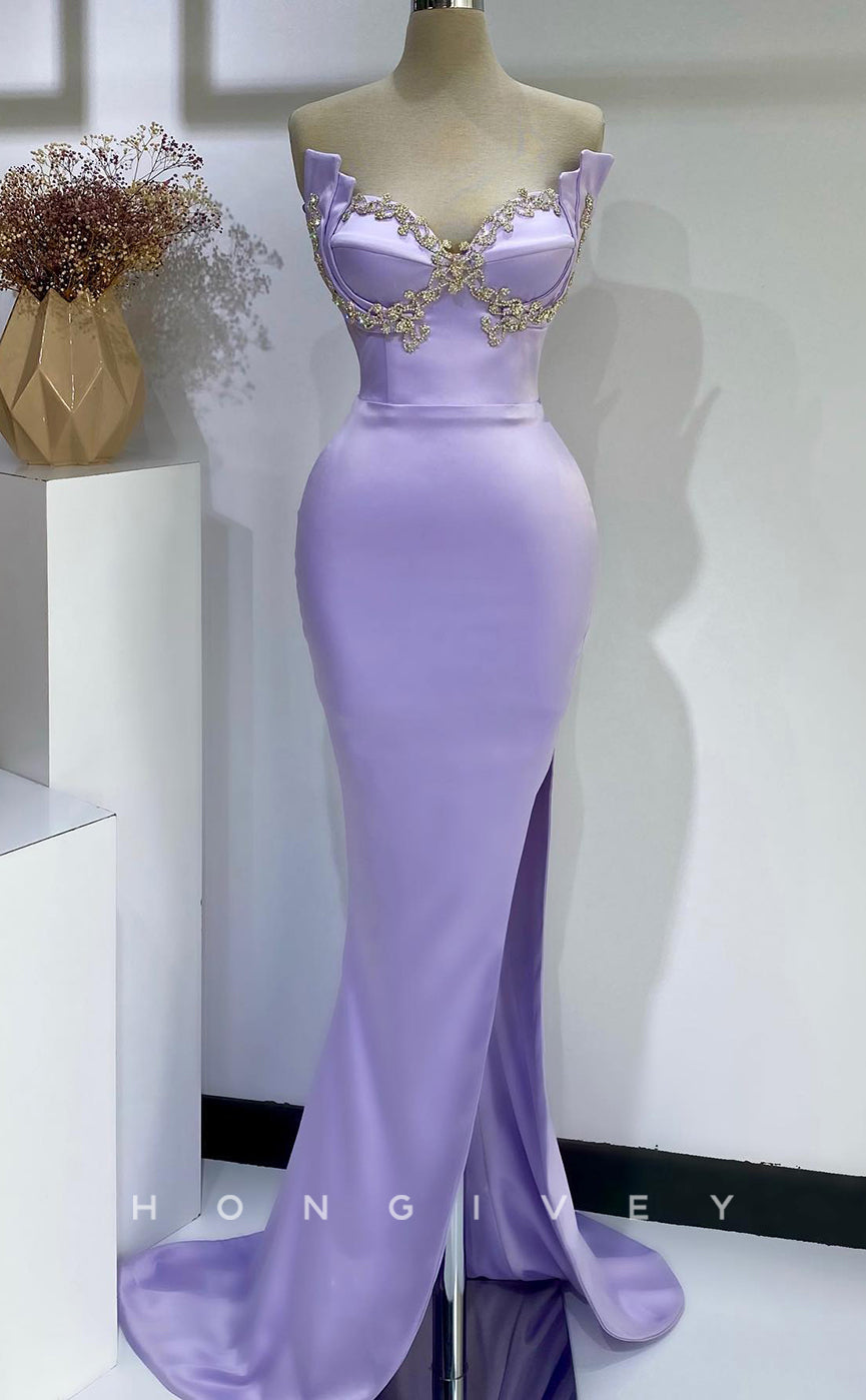 L2778 - Satin Trumpet Sweetheart Strapless Beaded With Side Slit Party Prom Evening Dress - Fashionpara