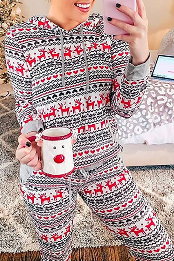 Christmas Plaid Print Hooded Drawstring Pockets Elastic Waist Pants Set