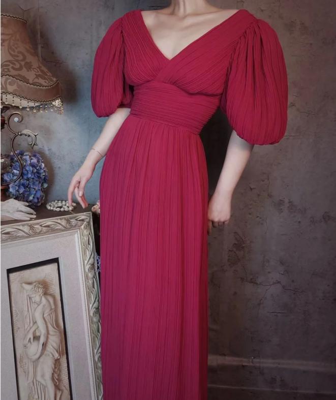 Elegant Rose Pink V-neck Puff Sleeve Pleated Long Prom Dress Evening Dress P4309