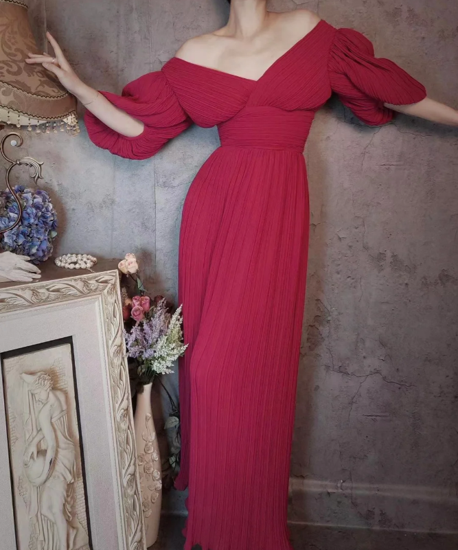 Elegant Rose Pink V-neck Puff Sleeve Pleated Long Prom Dress Evening Dress P4309