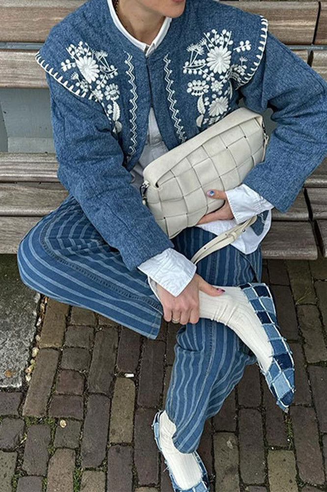 Elegant Blue Floral Cotton Coat for Stylish Comfort