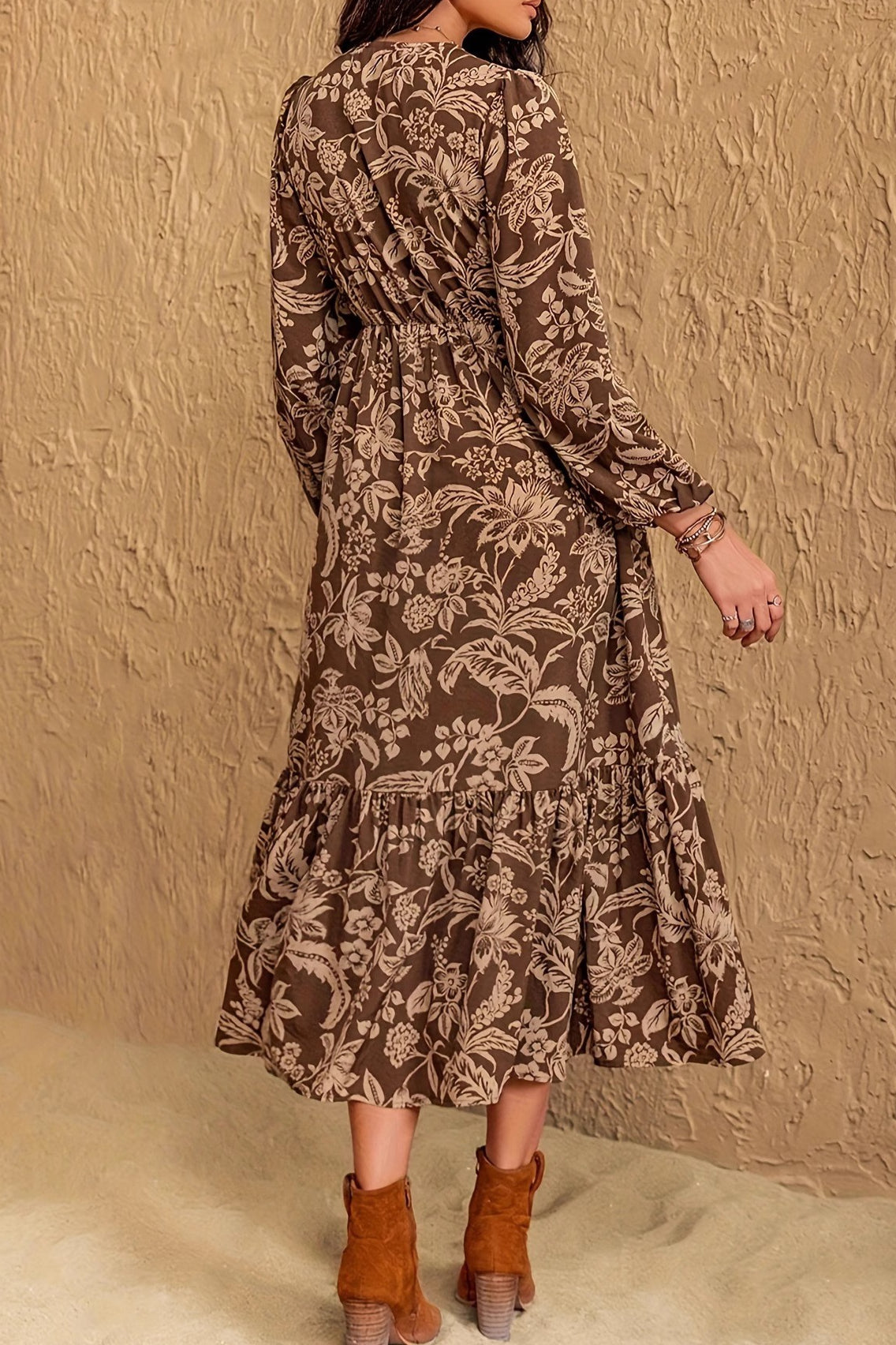 Floral Lace Trim Long Sleeve Tiered Maxi Dress