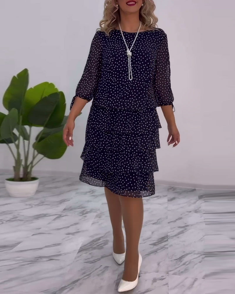 Polka Dot Chiffon Three Quarter Sleeve Tie Cuff Tiered Midi Dress