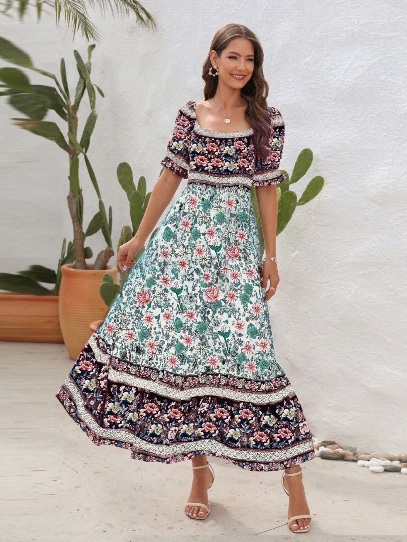 Blue Off The Shoulder Short Puffy Sleeves Long Summer Vacation Dress - Fashionpara