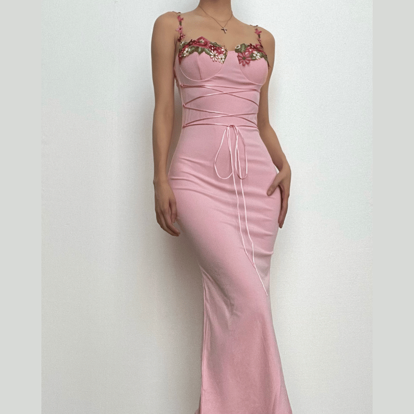 Floral Embroidery Sweetheart Lace Up Mermaid Maxi Dress