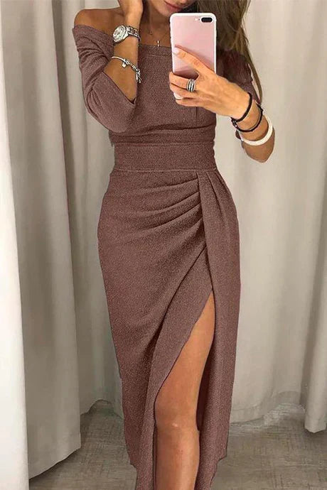 Sequin Off Shoulder Three Quarter Sleeve Wrap Bodycon Midi Dress - View 5