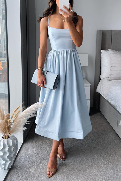 Square Neck Spaghetti Strap Fit and Flare Midi Dress