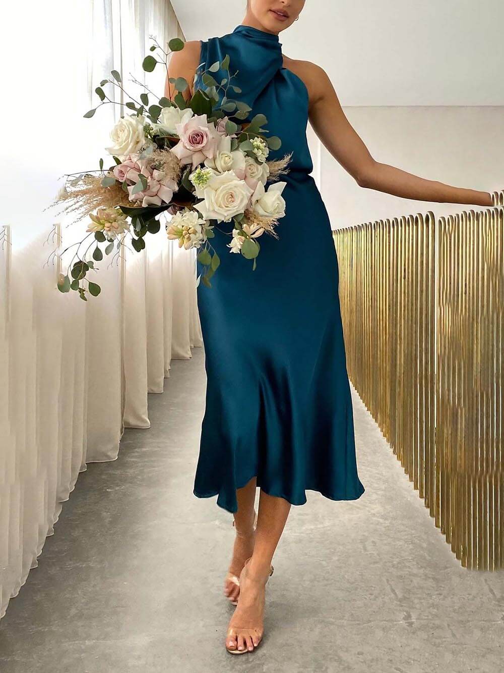 Satin High Neck Sleeveless Ruched Bias Cut Midi Dress - View 3