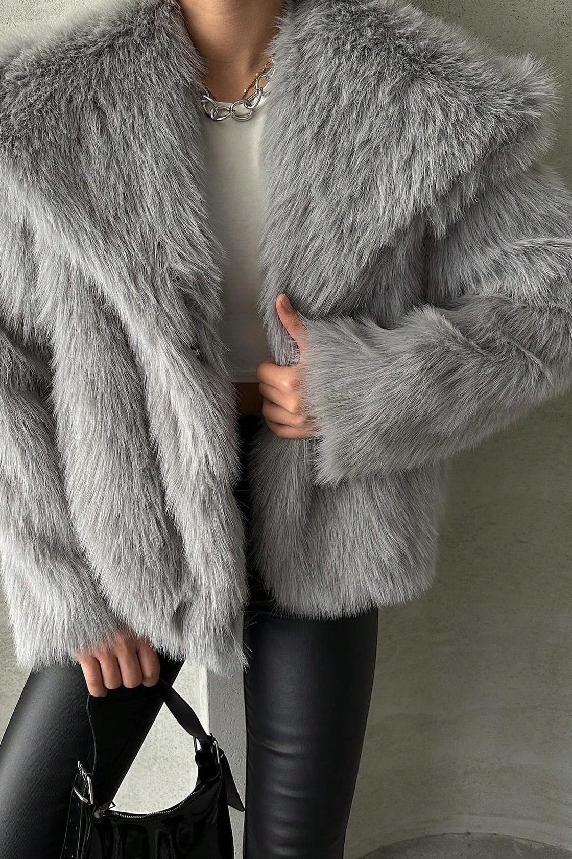 Plush Solid Color Faux Animal Fur Warm Notch Collar Coat