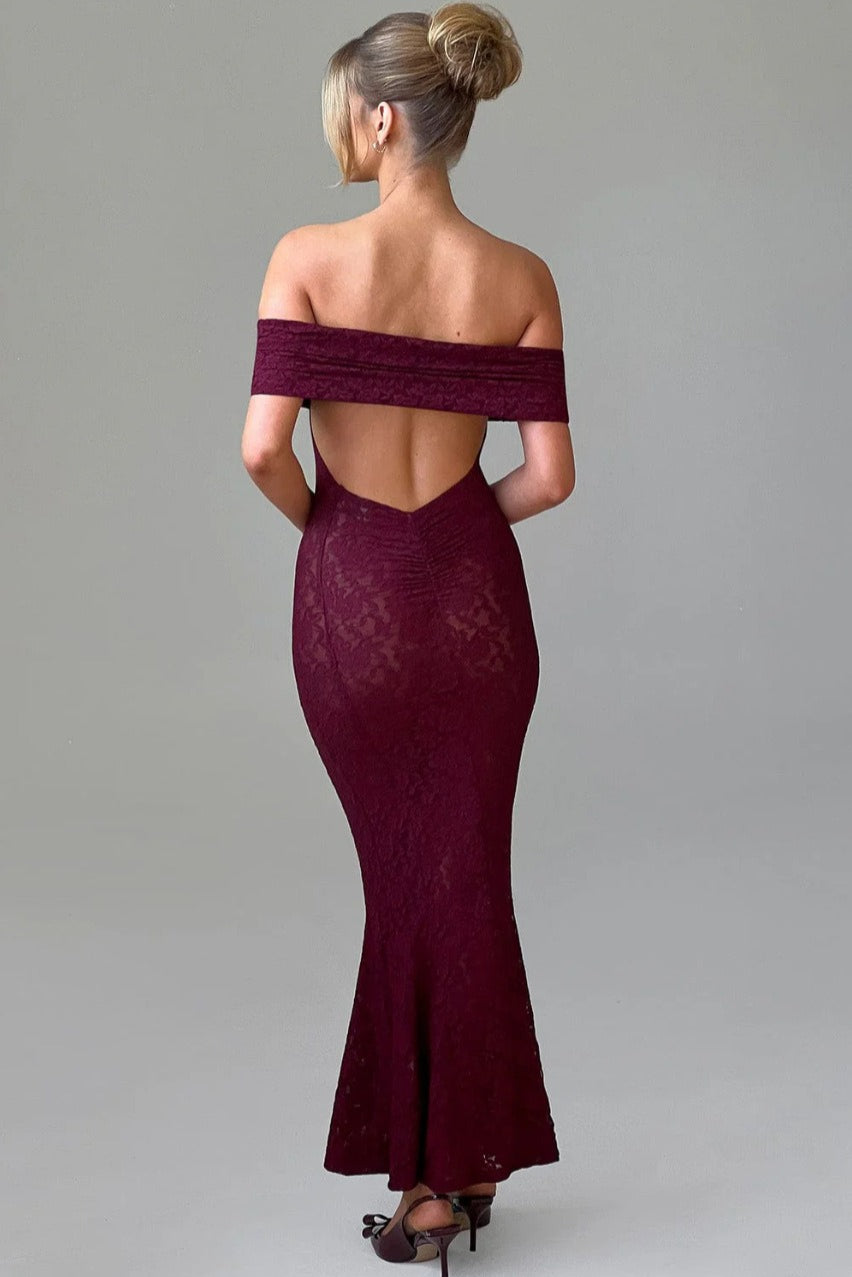 Sheer Floral Lace Off-Shoulder Mermaid Maxi Gown