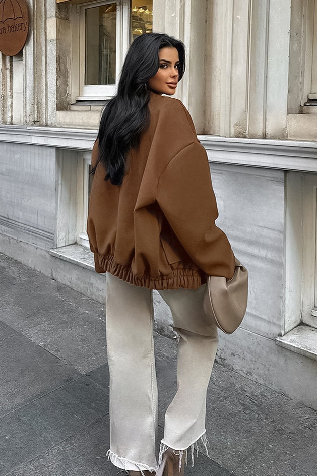 Elegant Melange Brown Wool Coat with Stand Collar Design