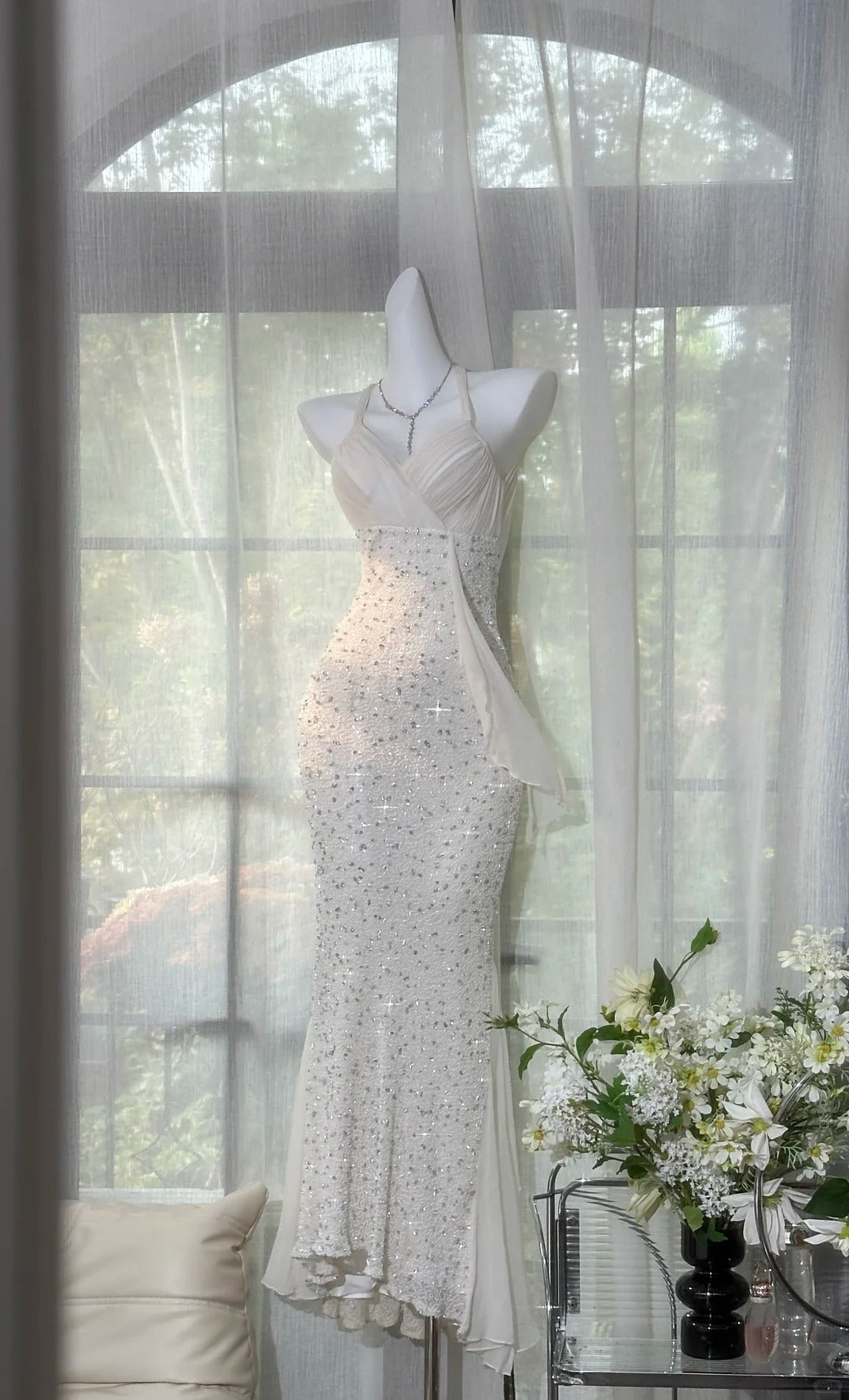 Shinying White Mermaid Strapless Lace-up Back Sequin Chiffon Long Prom Dress Evening Dress P4031