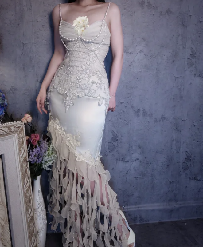 Luxurious Ivory Mermaid Thin Strap Pearl Ruffled Satin Long Prom Dress Evening Dress P4310