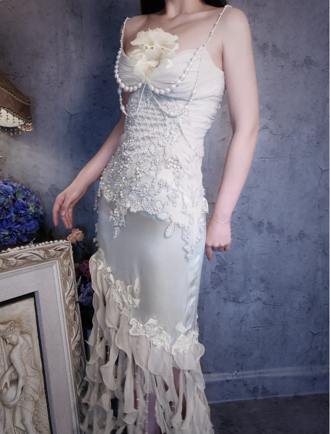 Luxurious Ivory Mermaid Thin Strap Pearl Ruffled Satin Long Prom Dress Evening Dress P4310