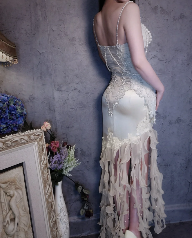 Luxurious Ivory Mermaid Thin Strap Pearl Ruffled Satin Long Prom Dress Evening Dress P4310