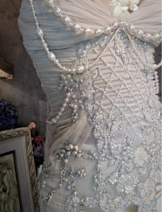 Luxurious Ivory Mermaid Thin Strap Pearl Ruffled Satin Long Prom Dress Evening Dress P4310