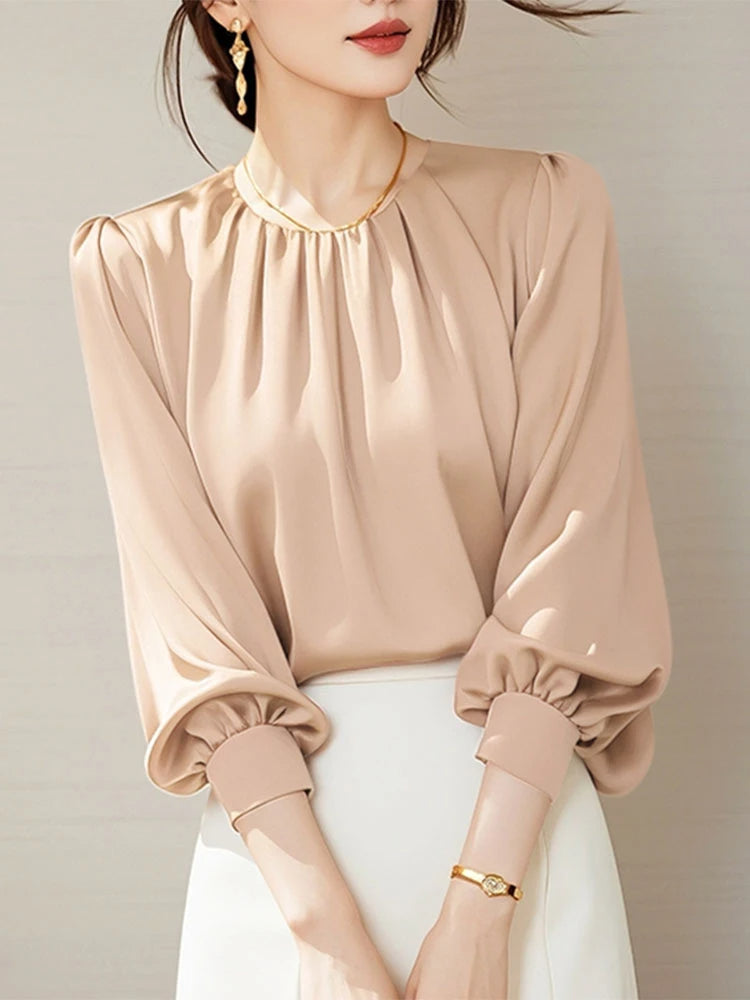 Vintage Satin Pleating Blouse Casual Office Blouse