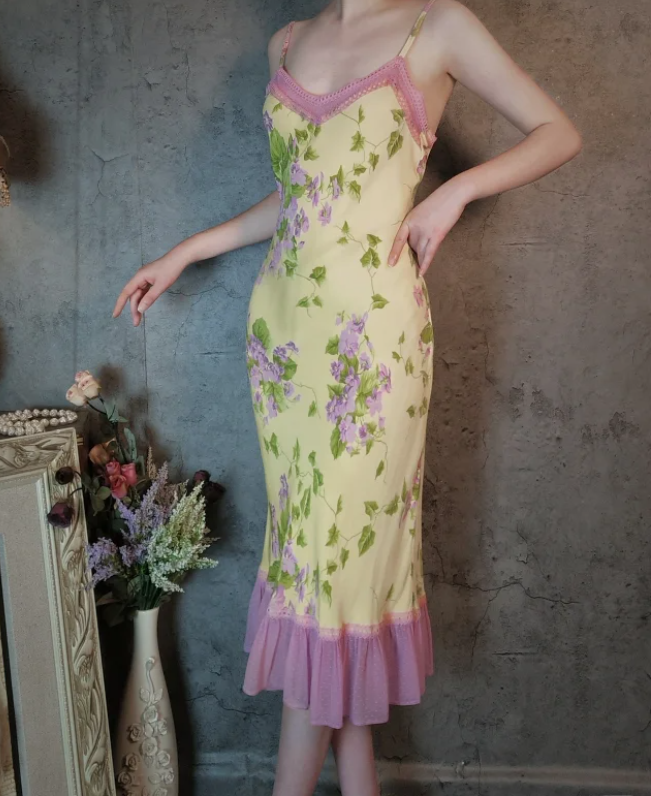 Retro Yellow-Based Purple Floral Mermaid Spaghetti Strap V-Neck Chiffon Prom Dress Evening Dress P4311