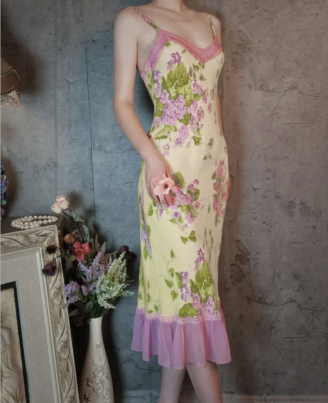 Retro Yellow-Based Purple Floral Mermaid Spaghetti Strap V-Neck Chiffon Prom Dress Evening Dress P4311