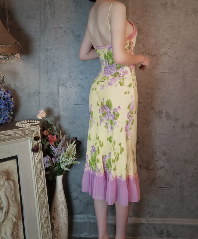 Retro Yellow-Based Purple Floral Mermaid Spaghetti Strap V-Neck Chiffon Prom Dress Evening Dress P4311