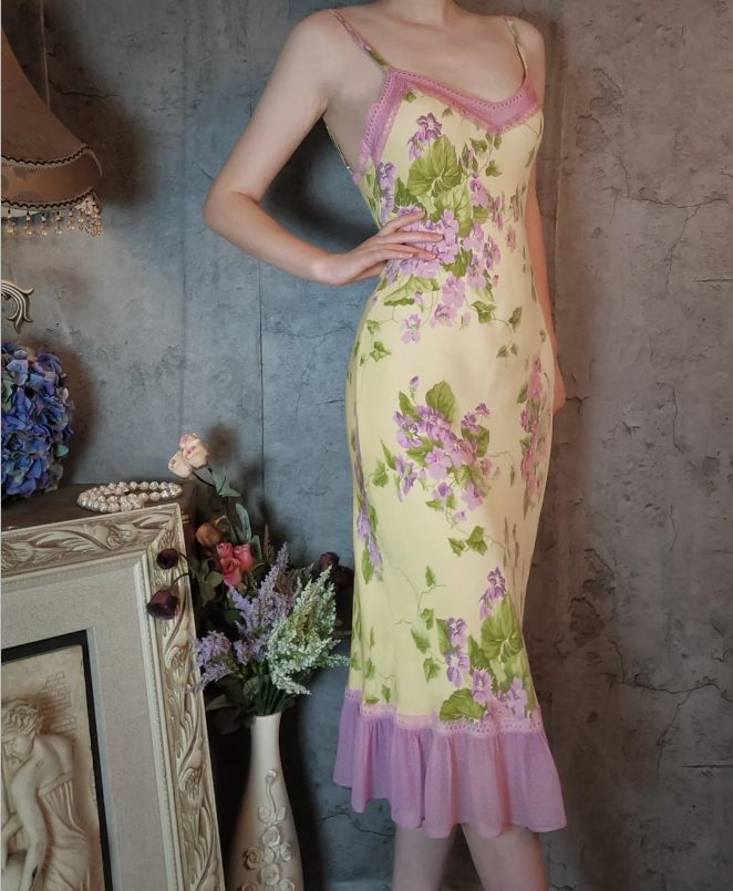 Retro Yellow-Based Purple Floral Mermaid Spaghetti Strap V-Neck Chiffon Prom Dress Evening Dress P4311