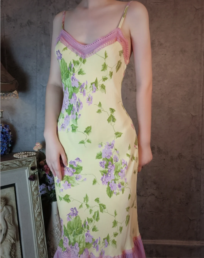 Retro Yellow-Based Purple Floral Mermaid Spaghetti Strap V-Neck Chiffon Prom Dress Evening Dress P4311