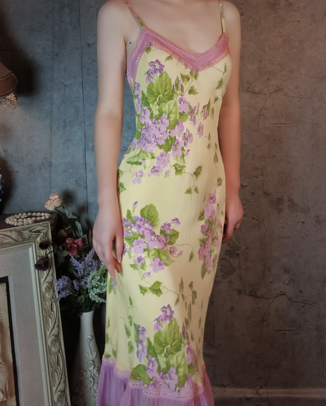 Retro Yellow-Based Purple Floral Mermaid Spaghetti Strap V-Neck Chiffon Prom Dress Evening Dress P4311