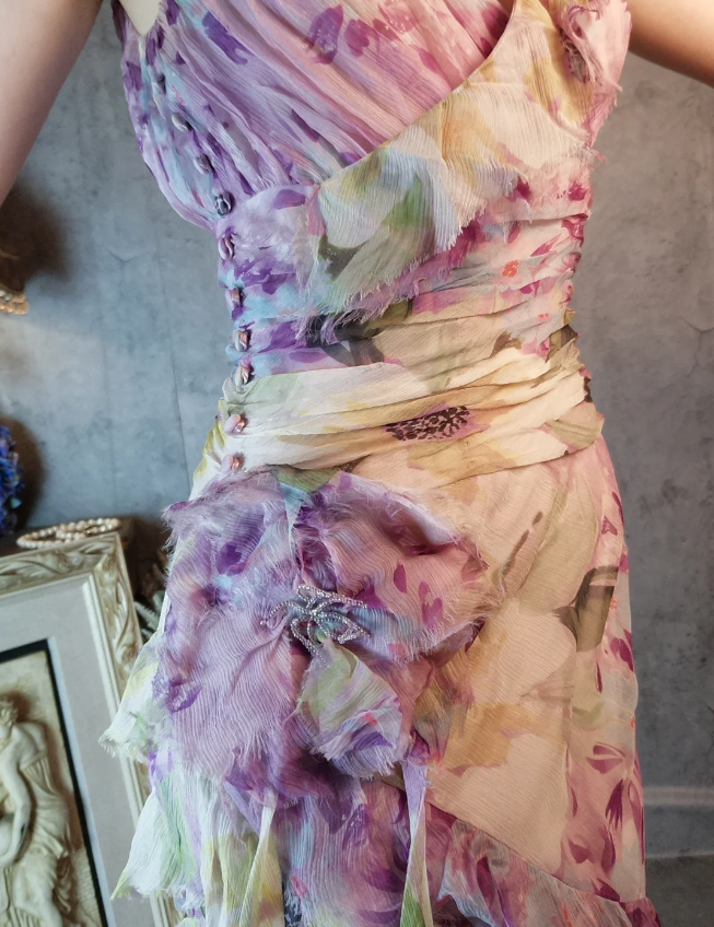 French Romantic Purple Floral Print V-neck Backless Layered Pleated Chiffon Prom Dress Evening Dress P4312