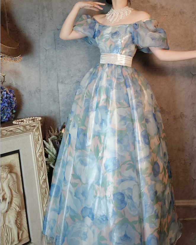 Vintage Blue Floral A-line Square Neck Puff Sleeve Glossy Organza Long Prom Dress Evening Dress P4313